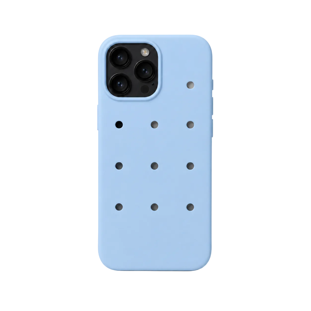 Light blue phone case with black dot pattern on a white background