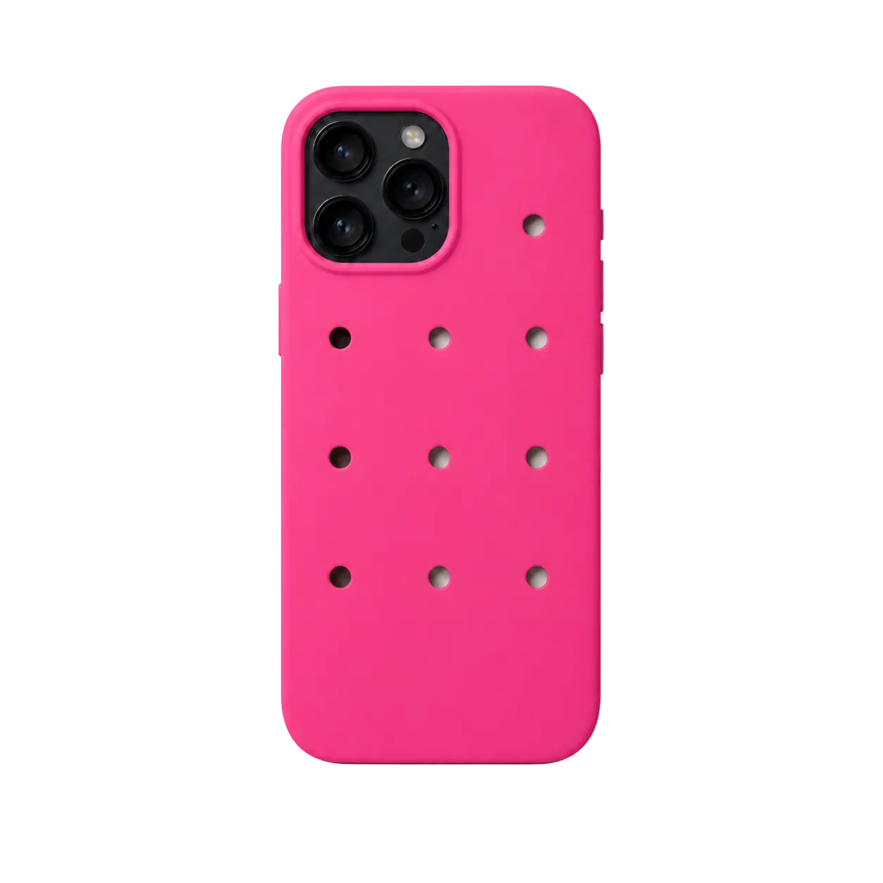 Pink phone case with black and white circular patterns on a light gray background
