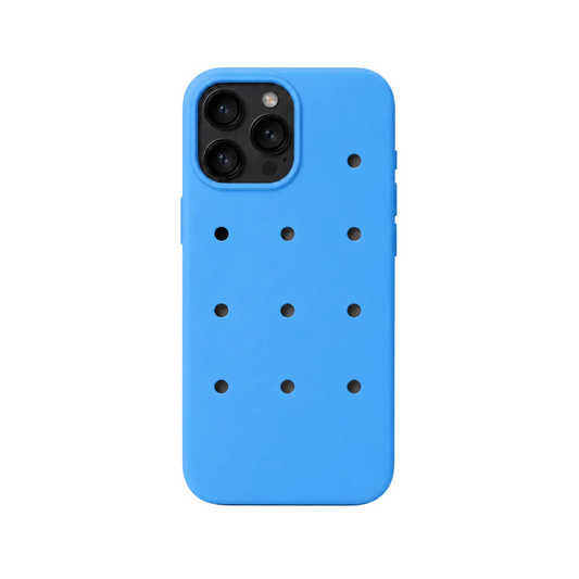 Blue phone case with multiple holes on a white background
